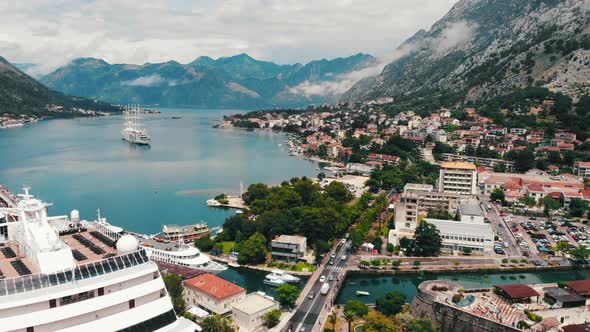 Top View of Bay with Moored Cruise Liner