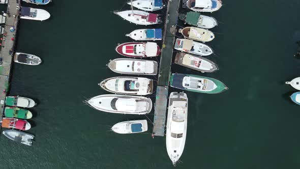 Aerial Panoramic View of Balaklava Landscape with Boats and Sea in Marina Bay on Sunset Time alt
