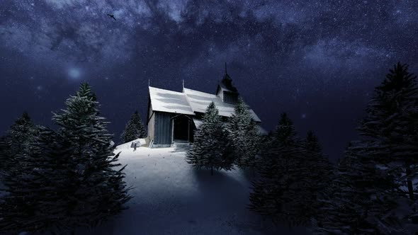 Night Landscape in Snowy High Mountains and Wooden Chalet alt