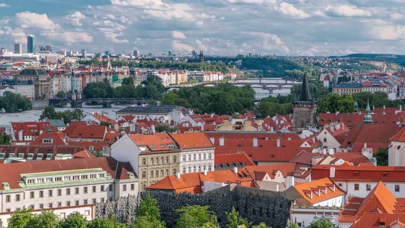 Panorama of Prague Old Town with Red Roofs Timelapse Famous Bridges and Vltava River Czech Republic alt