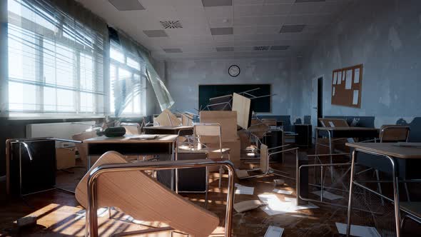 Demolished classroom with overturned desks and chairs. Damaged teaching class. alt