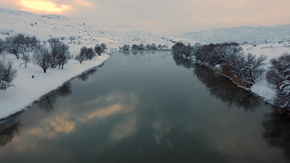Aerial view of the river in winter time