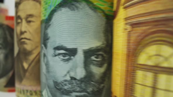 Foreign currency money exchange concept. Many banknotes of different nations. alt