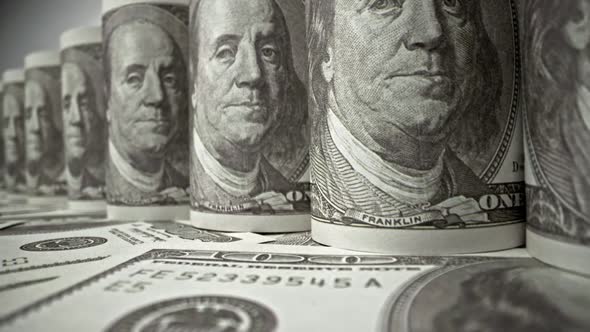 American one hundred dollar paper banknote in close up macro view dolly shot. alt