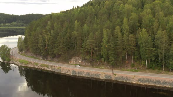 Gray car drives along the road along the lake