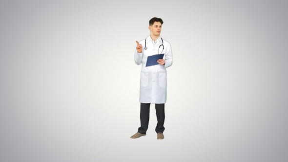 Doctor dancing holding tablet with documents on gradient alt