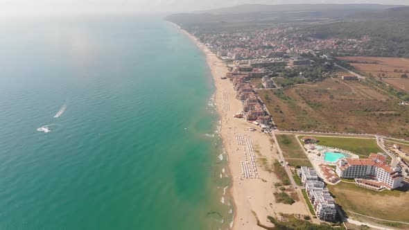 Aerial footage of the beautiful small town and seaside resort of Obzor in Bulgaria alt