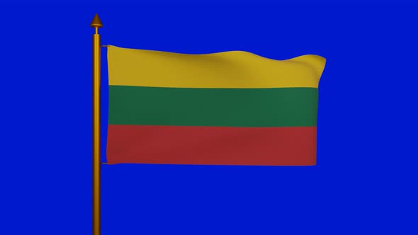 National flag of Lithuania waving with flagpole on chroma key, Lietuvos veliava Lithuanian flag alt