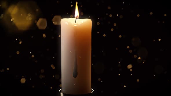The Candle Flame Burns Against The Background Of Illuminated Flying Dust