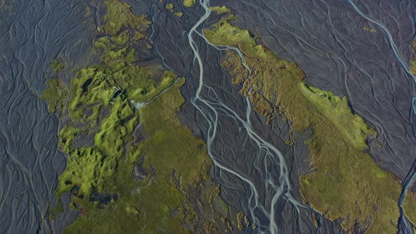 Drone Over Landscape With Dry Riverbed Of Braided River alt