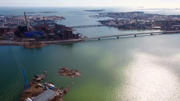 Aerial View of the Long Bridge in the Bay in Helsinki Finland