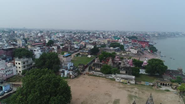 City of Varanasi or Benares in Uttar Pradesh in India seen from the sky alt