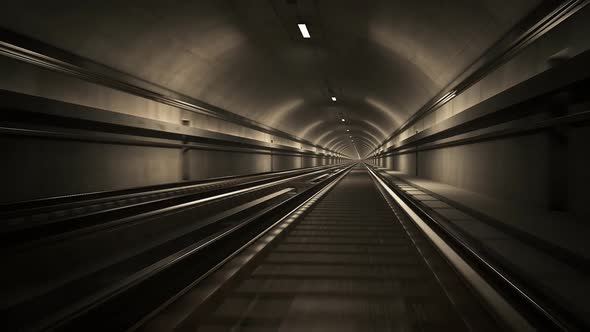 Seamless subway journey through the modern underground empty railway tunnel.