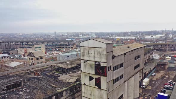 Ruins of an old factory. Old industrial building for demolition. Aerial view alt