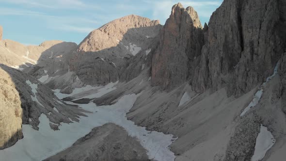 Drone Rising Over Valley of Lake Antermoia in Dolomites Italy
