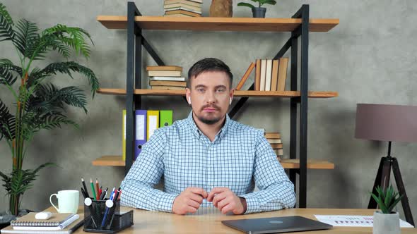 Business man listens conducts online remote interview potential employee company alt