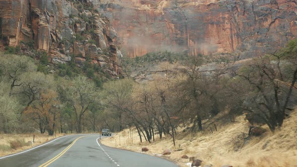 Road Trip Driving Auto in Zion Canyon Utah USA