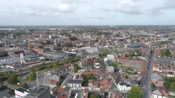 Roeselare City Aerial Approach, Train Entering the Station. Belgium. alt