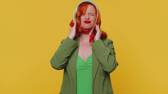 Ginger Girl Rubbing Temples to Cure Headache Problem Suffering From Tension and Migaine Stress Pain alt