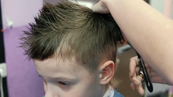 Barber's Hands Combs and Cutting Blond Short Boy's Hair with Scissors.  Boy's Face.