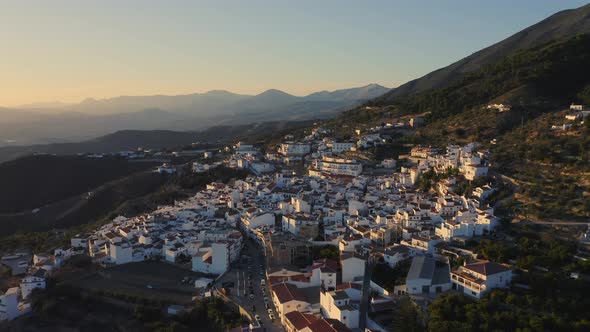 Aerial Drone View of Spain, Spanish Town in Mountains at Sunset, Costa Del Sol, Andalusia (Andalucia alt