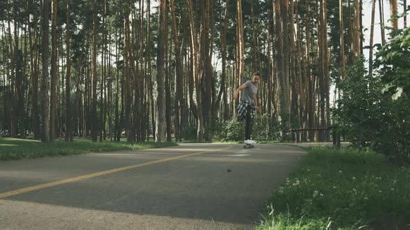Young brunette woman in hipster clothes skating on skateboard in green city park. alt