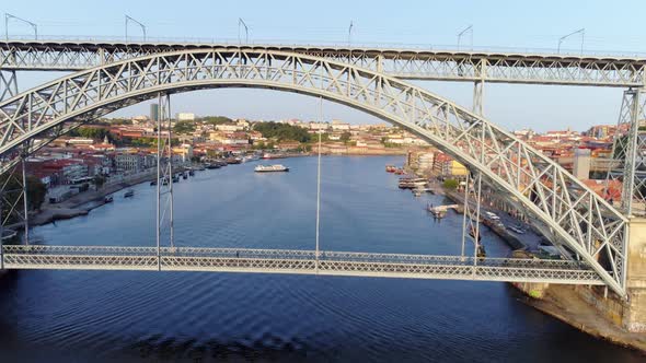 Dron Flying Under Luis I Bridge in Porto