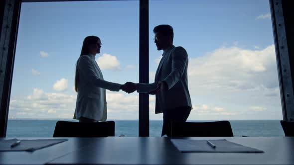 Business Silhouettes Shaking Hands Meeting in Conference Room alt