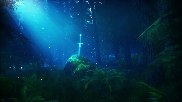 Excalibur Sword In A Fantasy Forest At Night 4K