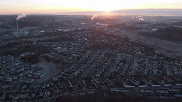 Sunset At Eastern Gothenburg Sweden Smoke From Industry Aerial Establishing