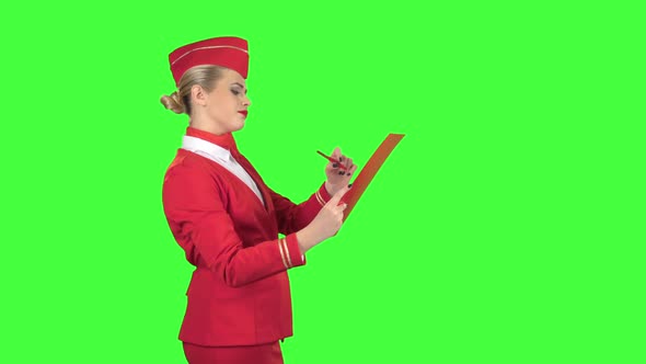 Girl Writes a Pen in a Special Folder, She Is a Flight Attendant. Green Screen. Side View alt