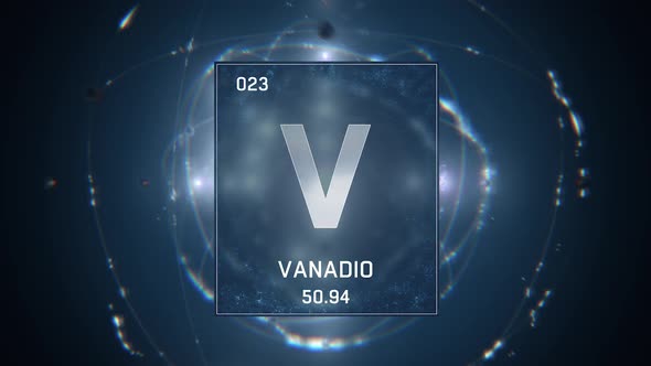Vanadium as Element 23 of the Periodic Table on Blue Background in Spanish Language