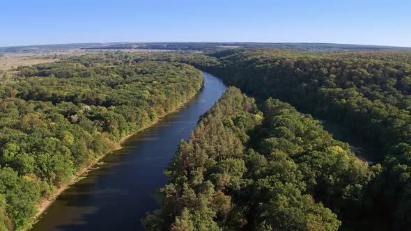 Aerial View of Flying Over the Forest and River