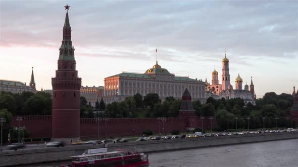 Sunset view of The Moscow Kremlin and Churches and Ivan Great Bell Tower. alt