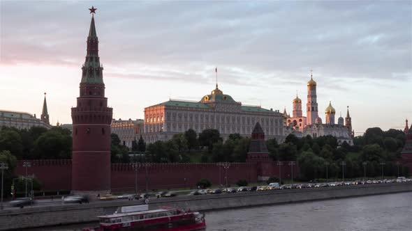 Sunset view of The Moscow Kremlin and Churches and Ivan Great Bell Tower.