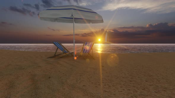 Deck Chair and Umbrella Ocean Beach 4K
