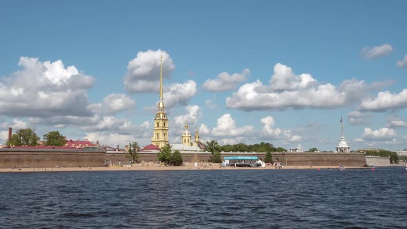 View of Peter and Paul Fortress from the boat. St. Petersburg.