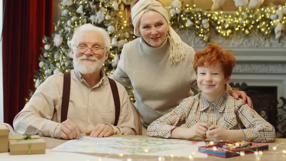 Portrait of Happy Boy with Grandparents on Christmas Eve alt