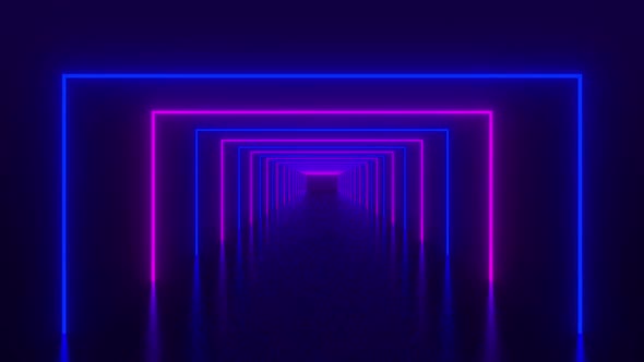 Flying through glowing neon tunnel