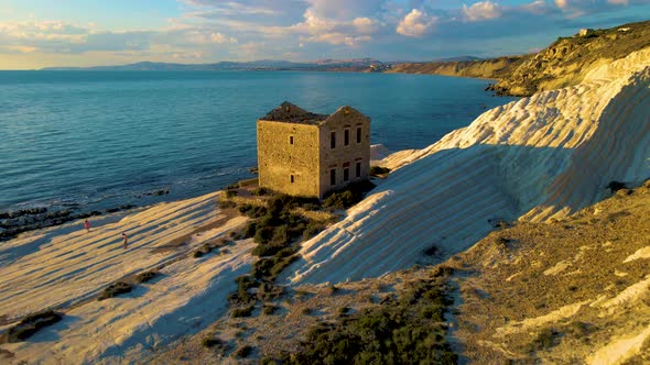 Punta Bianca Agrigento in Sicily Italy White Beach with Old Ruins of an Abandoned Stone House on alt