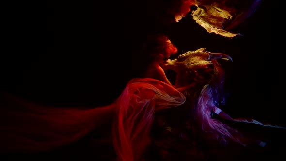 Hydra and Young Woman are Floating Underwater Silhouettes in Darkness of Depth alt