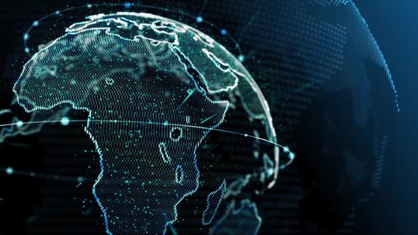 Stylized Earth globe rotating, focus point changing from near to far alt