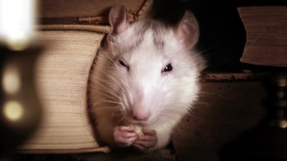 Small Cute Gray Rat Sitting Between Old Books
