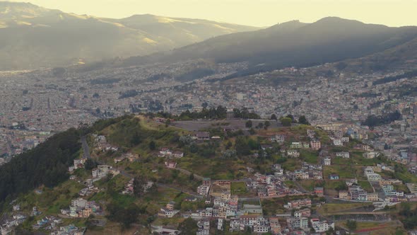 Panecillo Downtown Quito City Travelling Aerial View .Ecuador alt