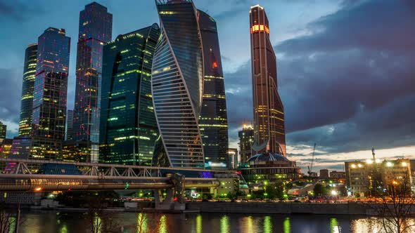 Skyscrapers of Moscow Business Center City In The Evening