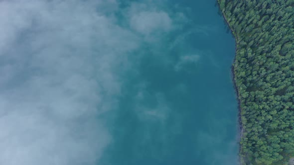 Aerial Vertical View Over Cloudy Altai Lake  alt