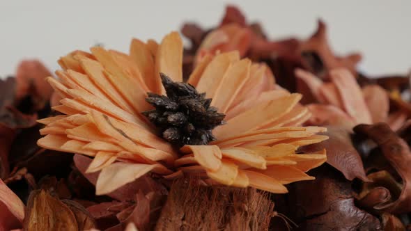 Combination of orange flowers in a bowl close-up 4K 2160p 30fps UHD panning video - Colorful potpour alt