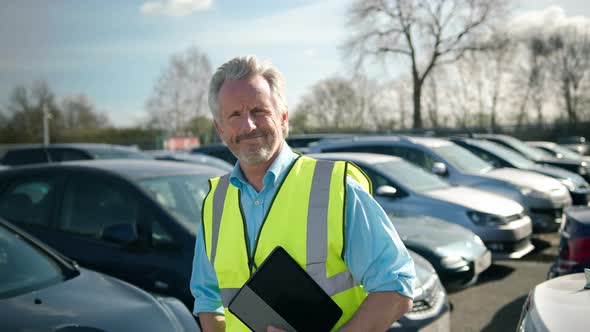 Portrait of mature male loss adjuster or car park attendant wearing hi-vis safety vest alt