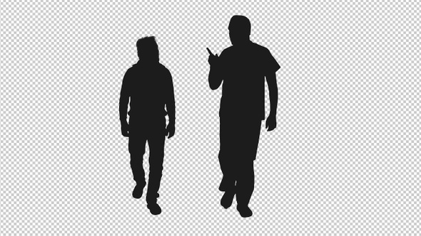 Black and White Silhouette of Two Men Talking while Walking