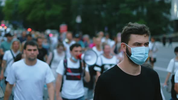 European Lockdown Demonstration Rally People in Face Masks Against Restrictions